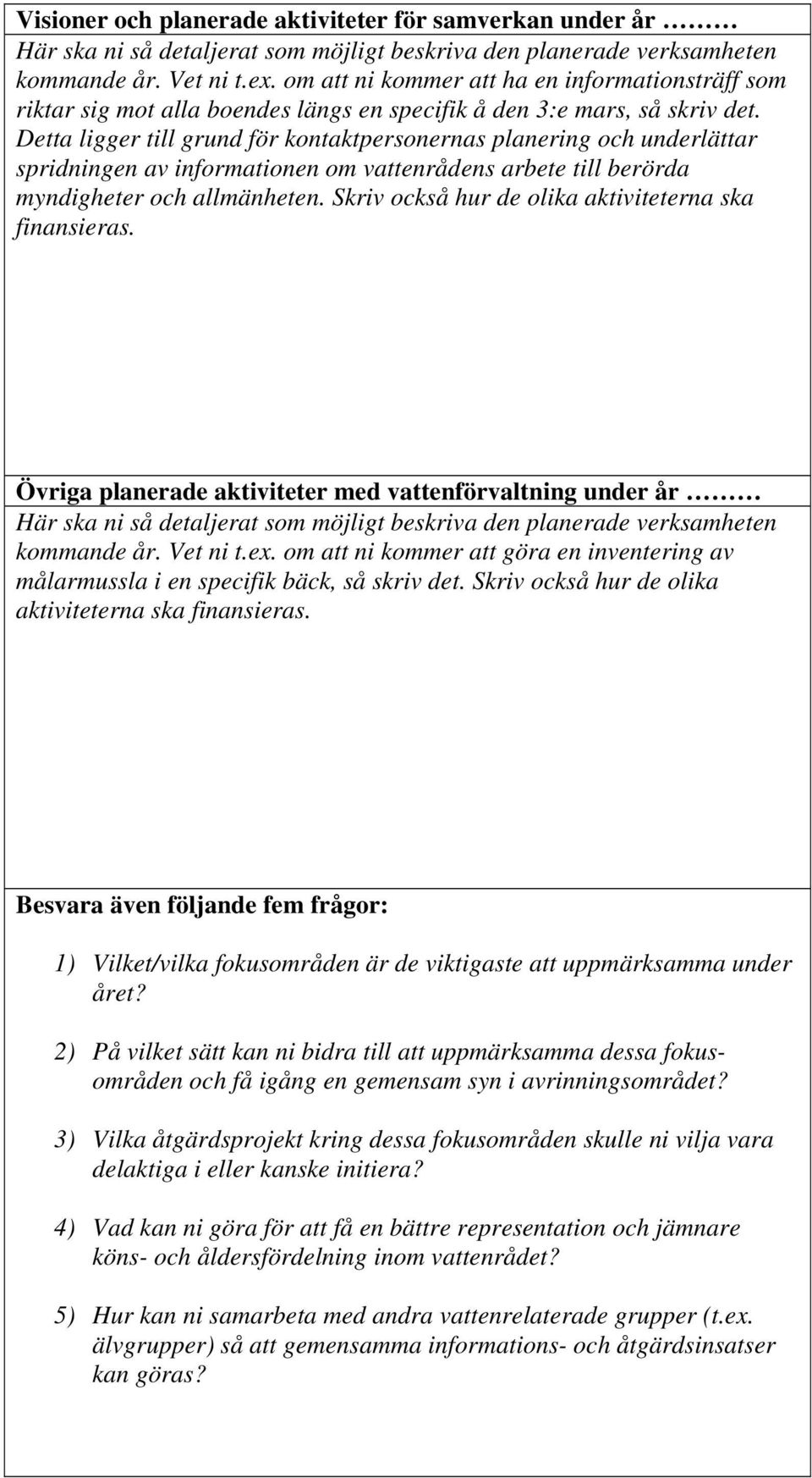 Detta ligger till grund för kontaktpersonernas planering och underlättar spridningen av informationen om vattenrådens arbete till berörda myndigheter och allmänheten.