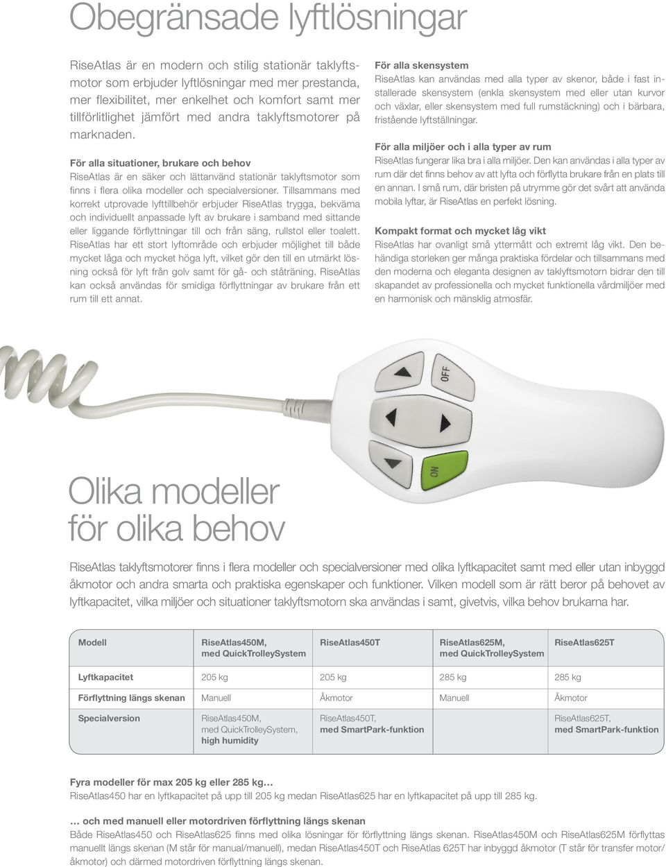 För alla situationer, brukare och behov RiseAtlas är en säker och lättanvänd stationär taklyftsmotor som finns i flera olika modeller och specialversioner.