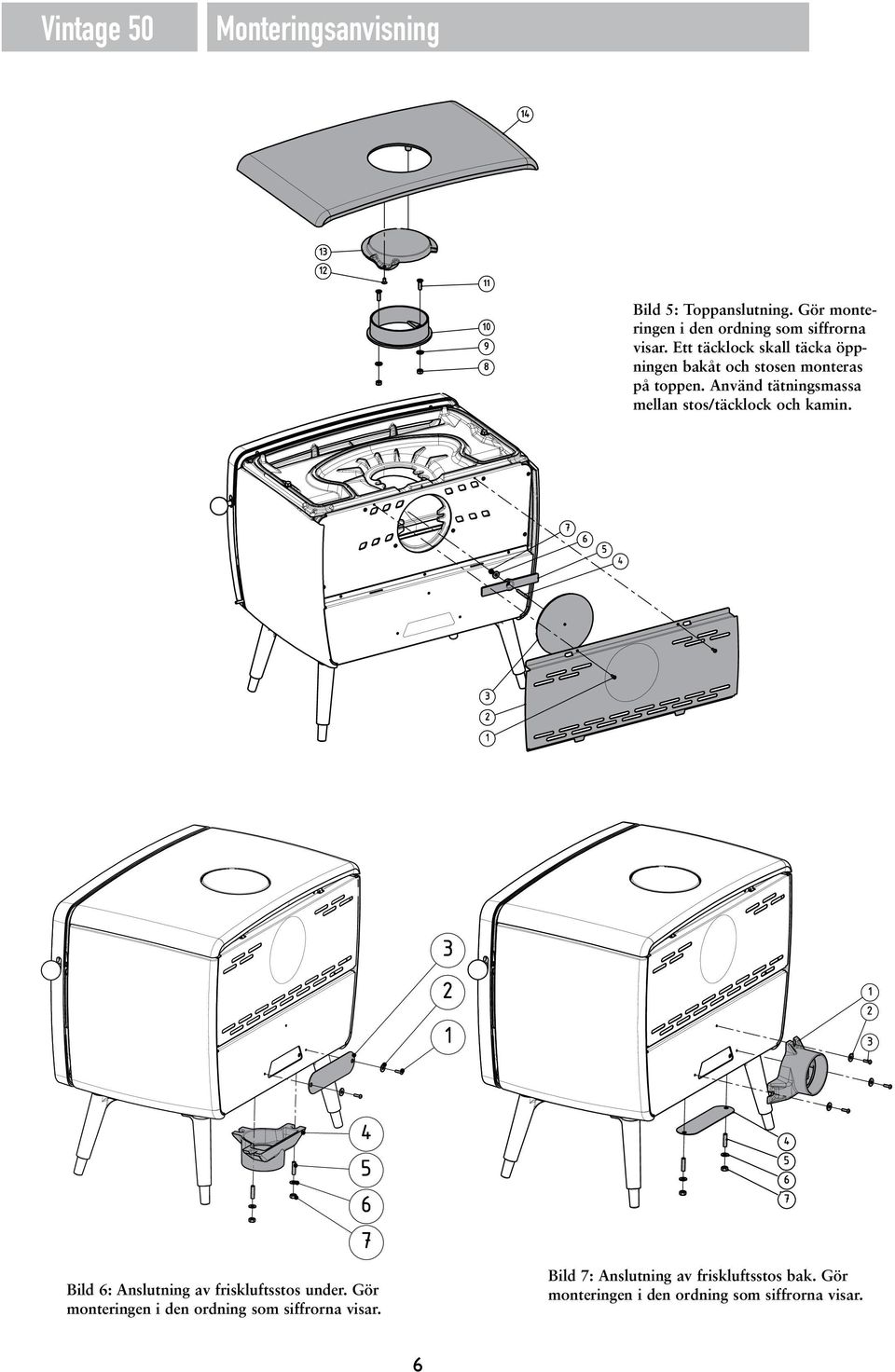 Använd tätningsmassa mellan stos/täcklock och kamin. Bild 6: Anslutning av friskluftsstos under.