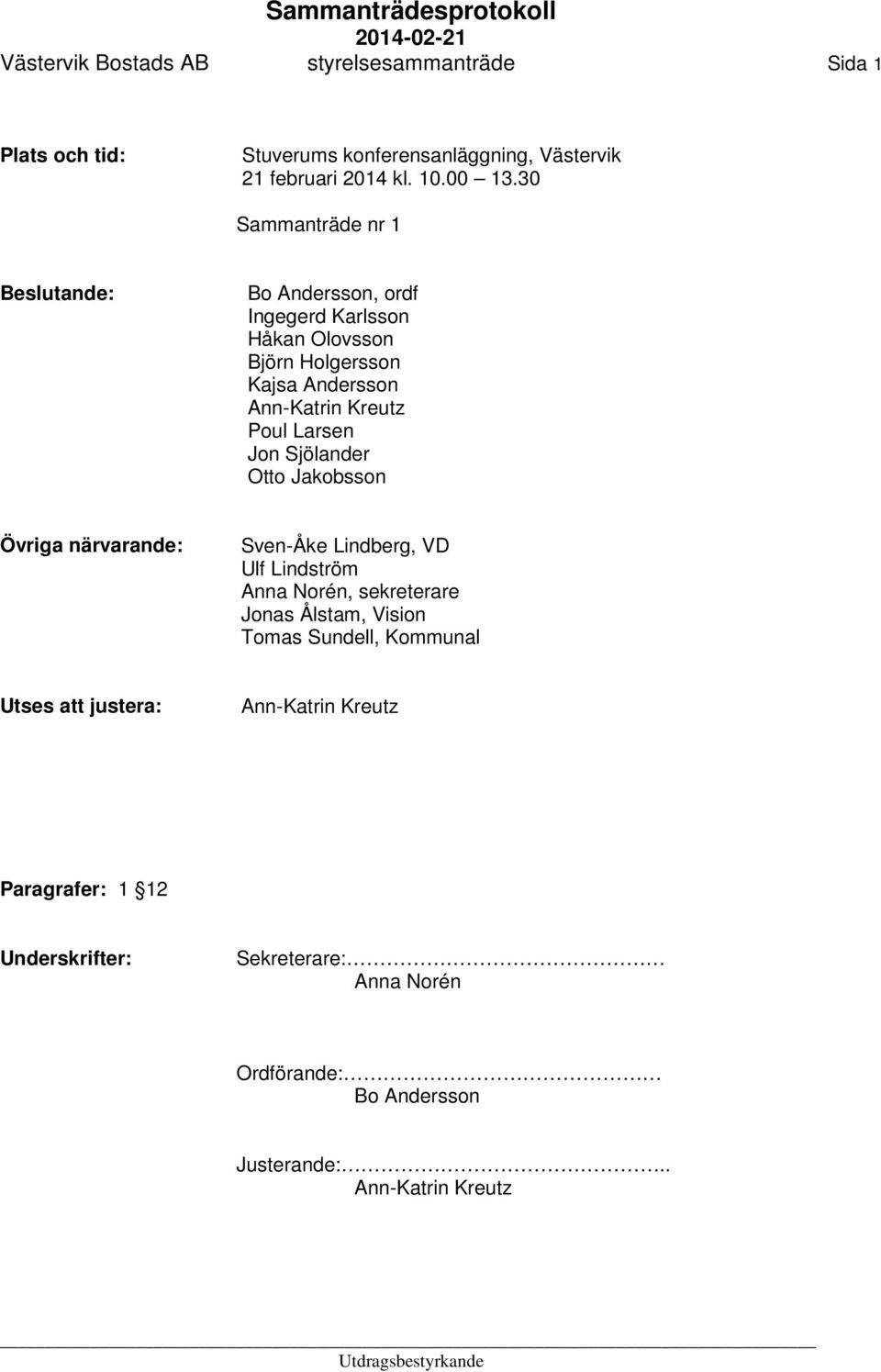Sjölander Otto Jakobsson Övriga närvarande: Sven-Åke Lindberg, VD Ulf Lindström Anna Norén, sekreterare Jonas Ålstam, Vision Tomas Sundell,
