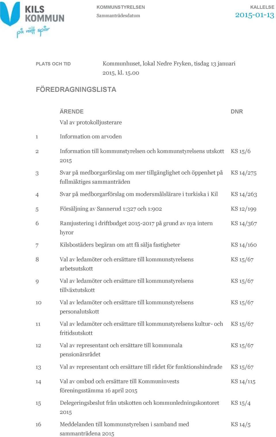 tillgänglighet och öppenhet på fullmäktiges sammanträden KS 15/6 KS 14/275 4 Svar på medborgarförslag om modersmålslärare i turkiska i Kil KS 14/263 5 Försäljning av Sannerud 1:327 och 1:902 KS