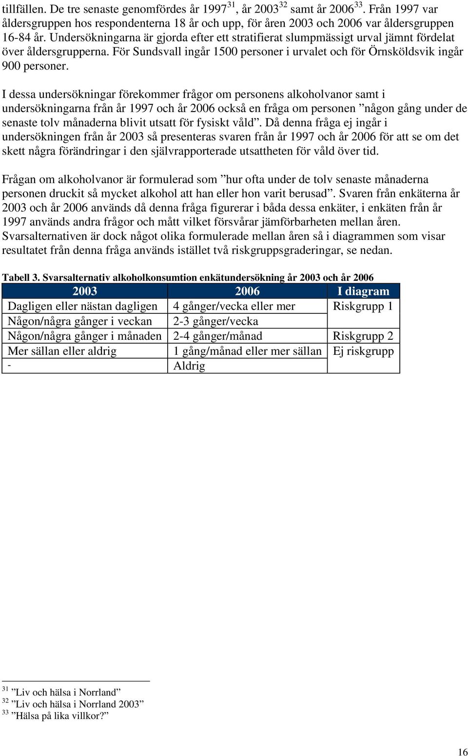 I dessa undersökningar förekommer frågor om personens alkoholvanor samt i undersökningarna från år 1997 och år 2006 också en fråga om personen någon gång under de senaste tolv månaderna blivit utsatt