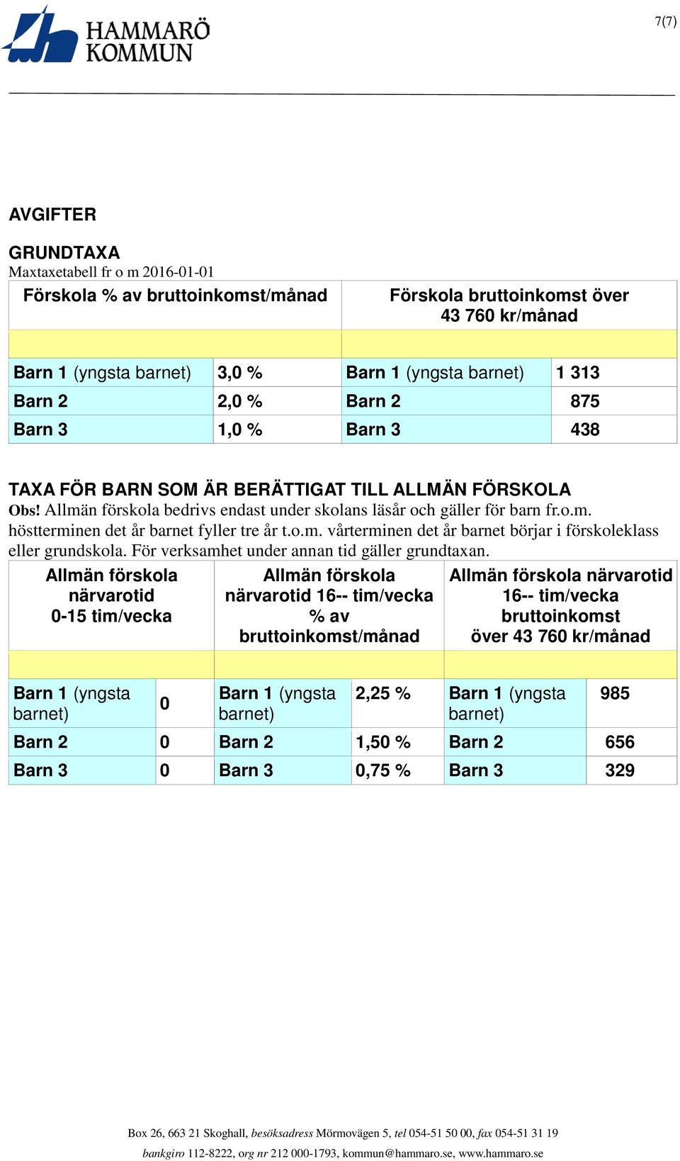 o.m. vårterminen det år barnet börjar i förskoleklass eller grundskola. För verksamhet under annan tid gäller grundtaxan.