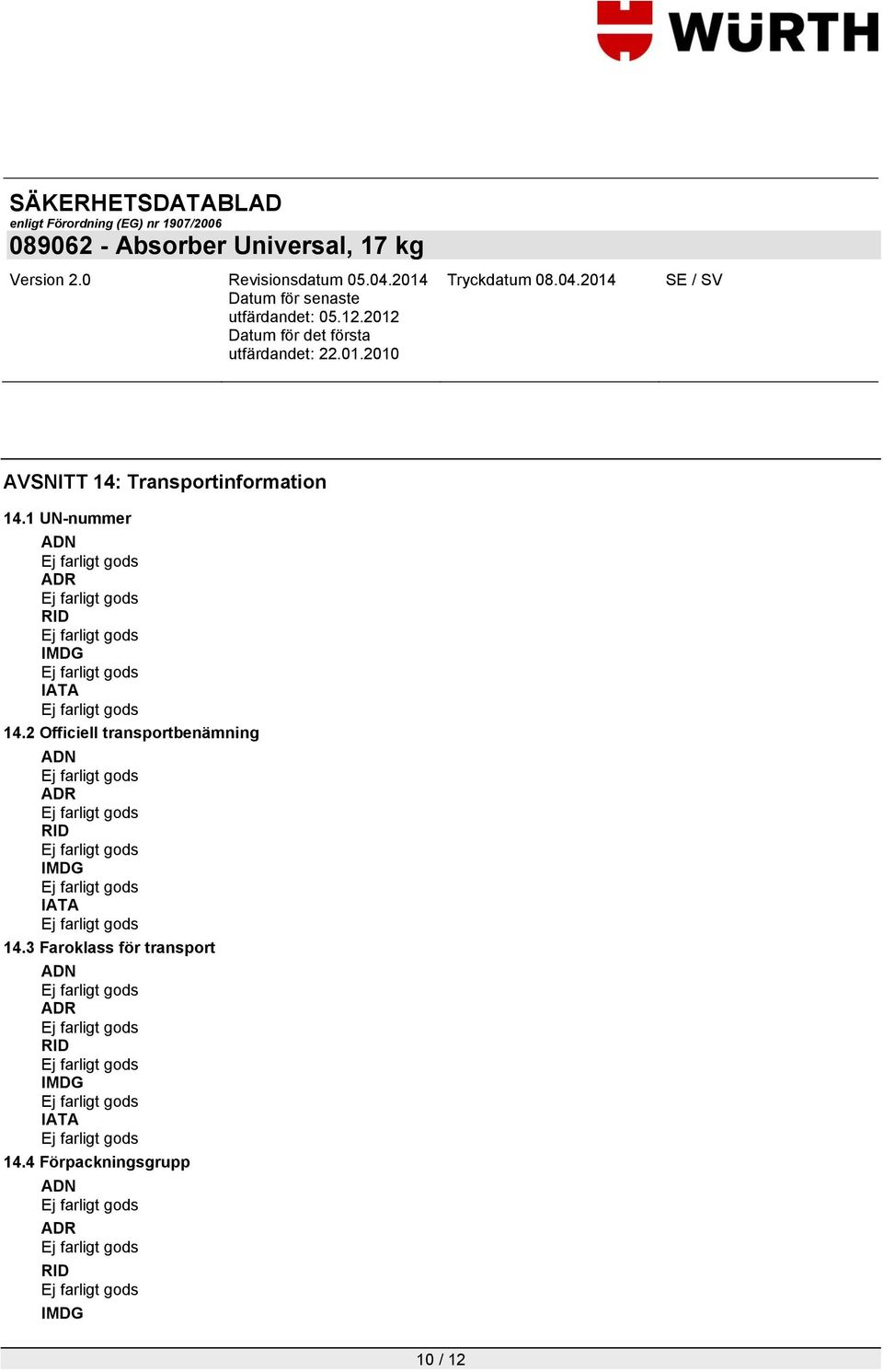2 Officiell transportbenämning ADN ADR RID IMDG IATA 14.
