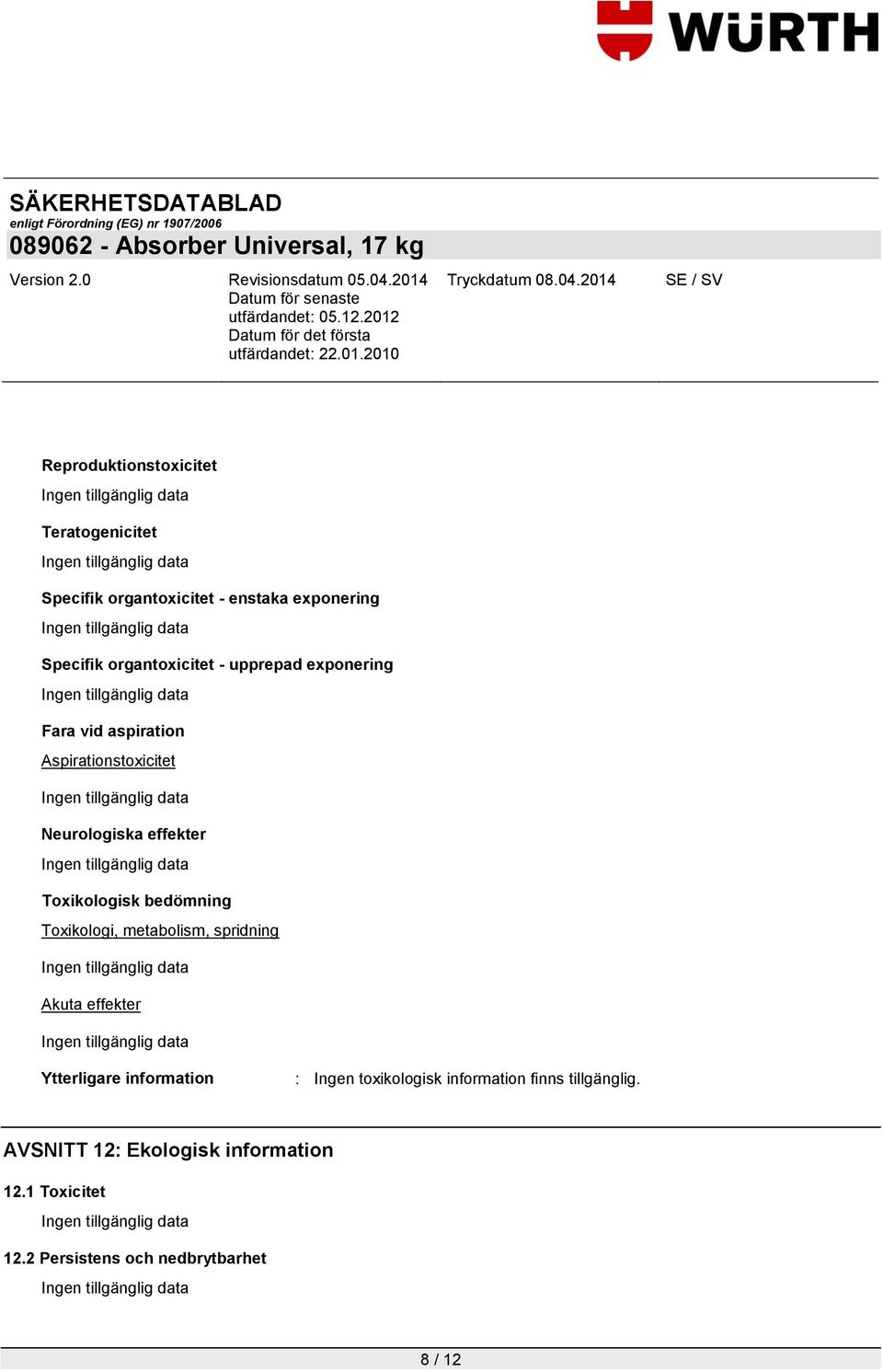 Toxikologi, metabolism, spridning Akuta effekter Ytterligare information : Ingen toxikologisk information