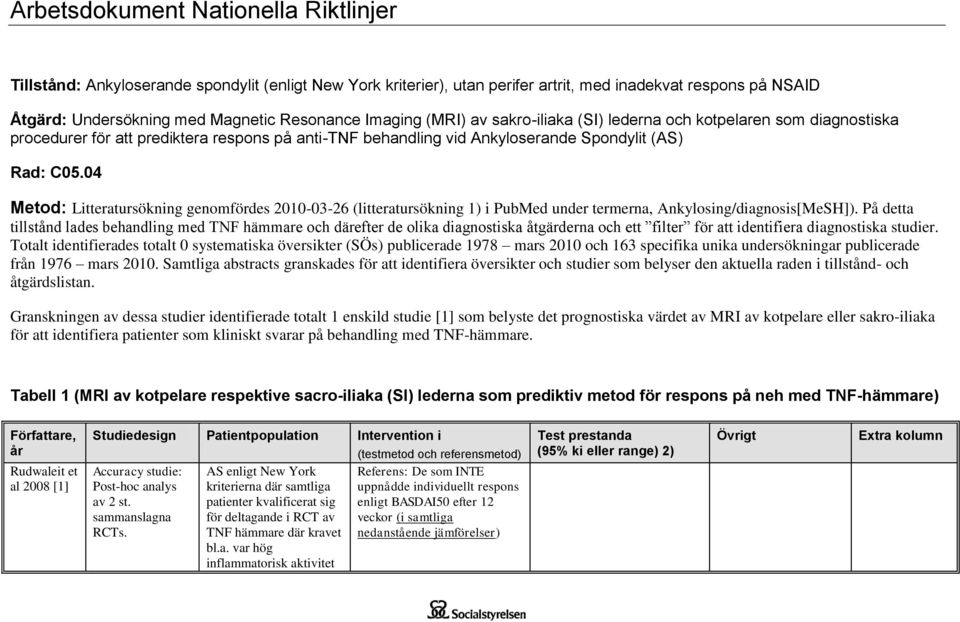 04 Metod: Litteratursökning genomfördes 2010-03-26 (litteratursökning 1) i PubMed under termerna, Ankylosing/diagnosis[MeSH]).