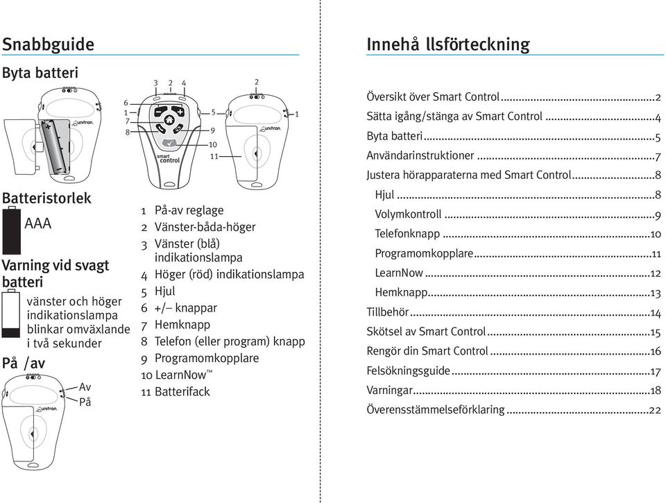 L 1 Innehå llsförteckning Översikt över Smart Control...2 Sätta igång/stänga av Smart Control...4 Byta batteri...5 Användarinstruktioner...7 Justera hörapparaterna med Smart Control...8 Hjul.