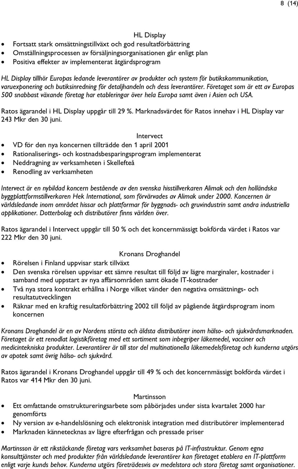Företaget som är ett av Europas 500 snabbast växande företag har etableringar över hela Europa samt även i Asien och USA. Ratos ägarandel i HL Display uppgår till 29 %.