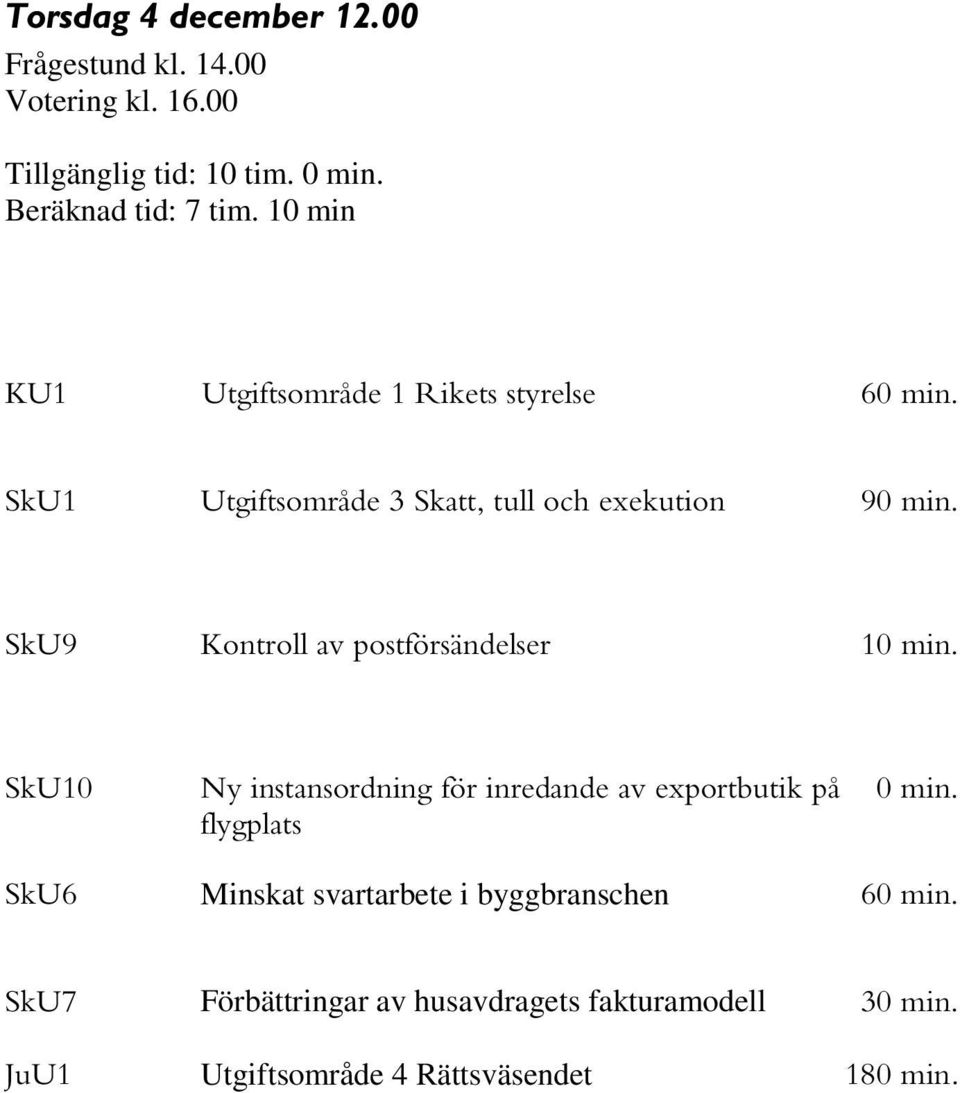 SkU9 Kontroll av postförsändelser 10 min. SkU10 Ny instansordning för inredande av exportbutik på flygplats 0 min.