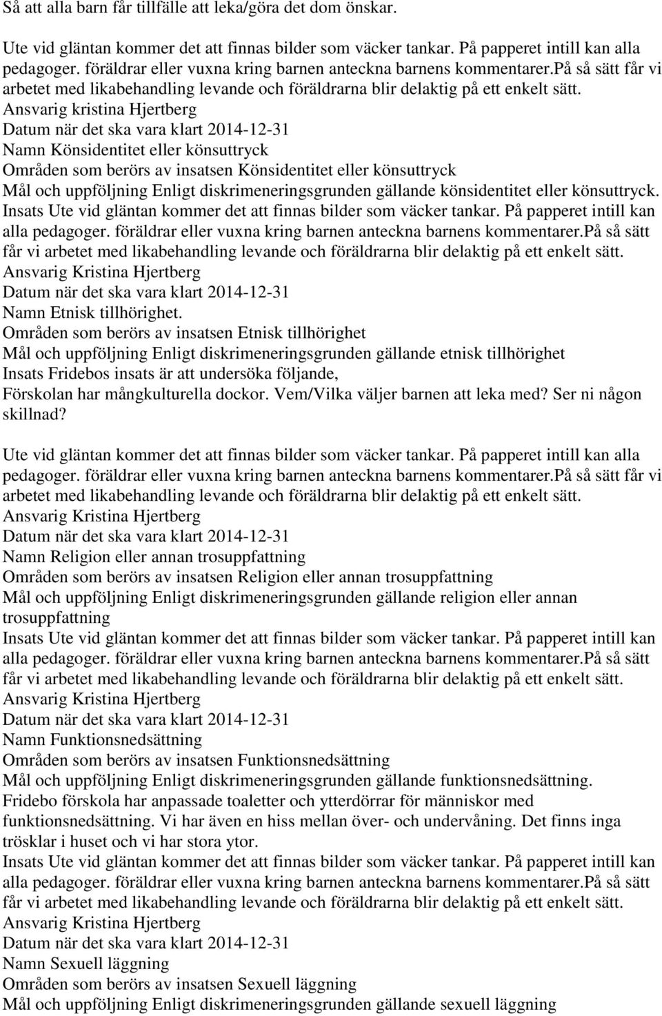 Ansvarig kristina Hjertberg Namn Könsidentitet eller könsuttryck Områden som berörs av insatsen Könsidentitet eller könsuttryck Mål och uppföljning Enligt diskrimeneringsgrunden gällande
