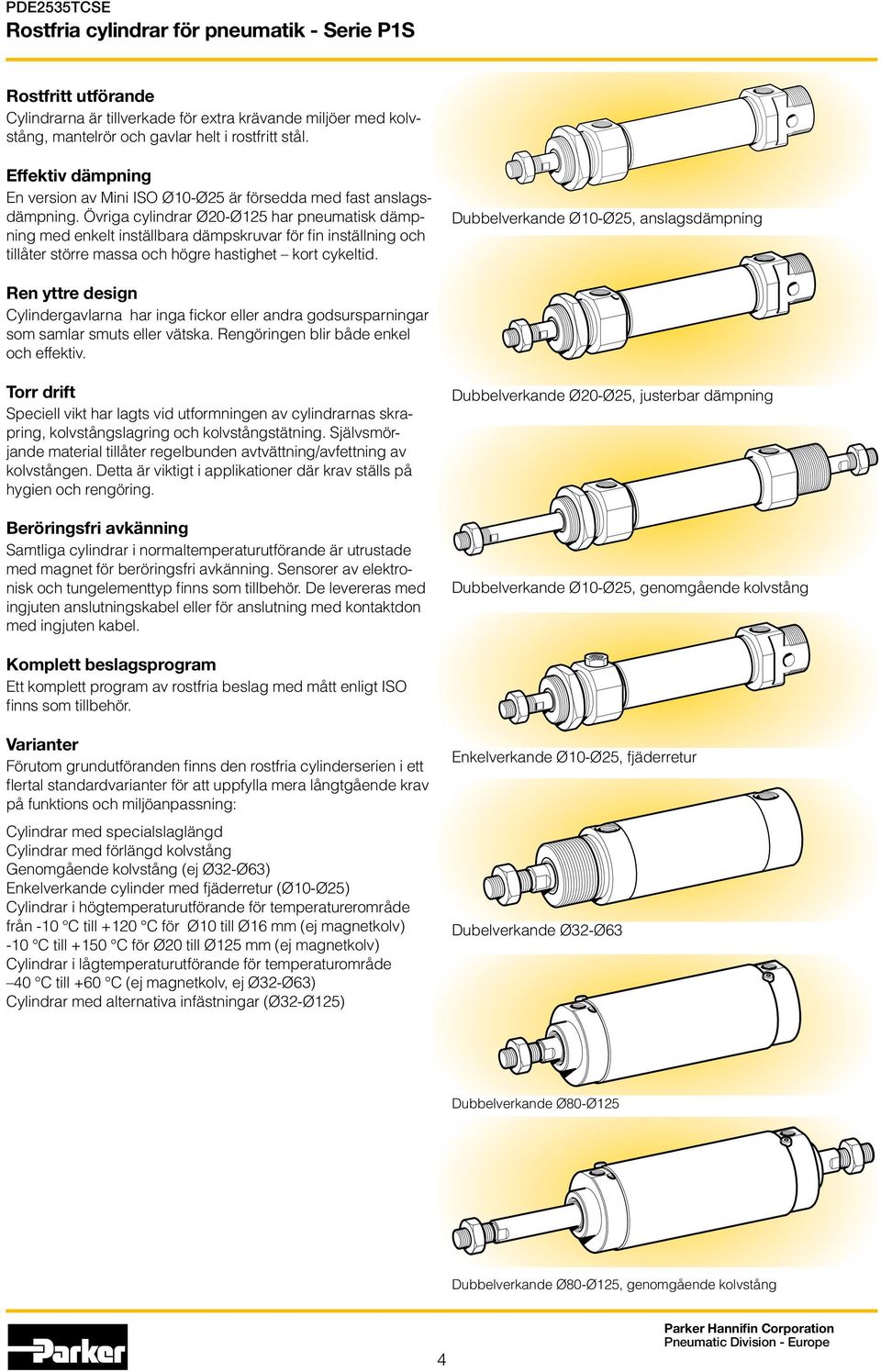 Övriga cylindrar Ø20-Ø125 har pneumatisk dämpning med enkelt inställbara dämpskruvar för fin inställning och tillåter större massa och högre hastighet kort cykeltid.