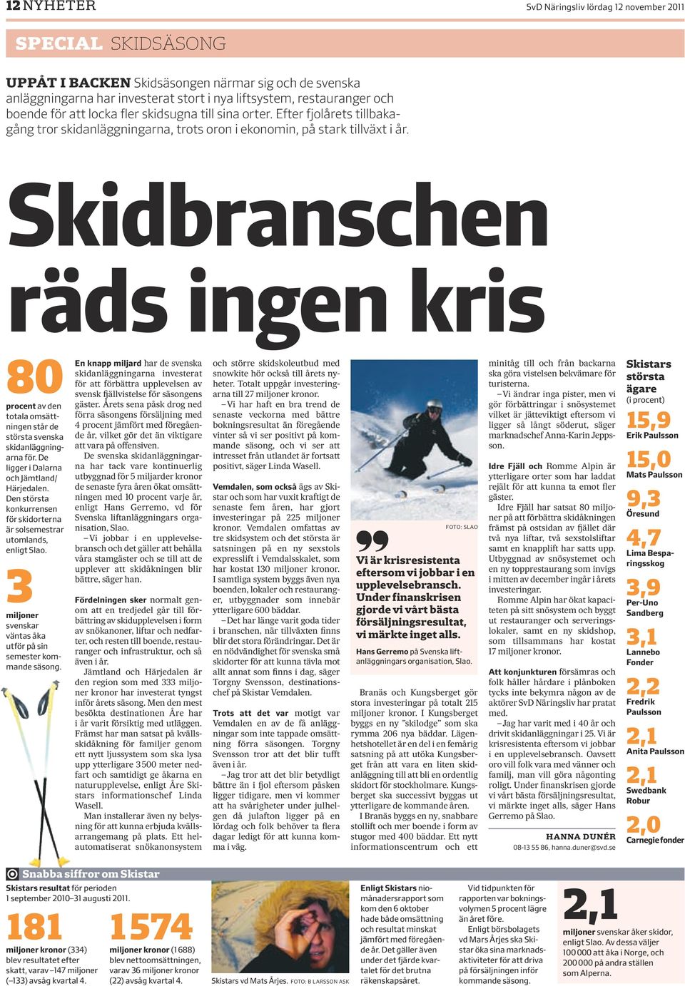 Skidbranschen räds ingen kris 80 procent av den totala omsättningen står de största svenska skidanläggningarna för. De ligger i Dalarna och Jämtland/ Härjedalen.