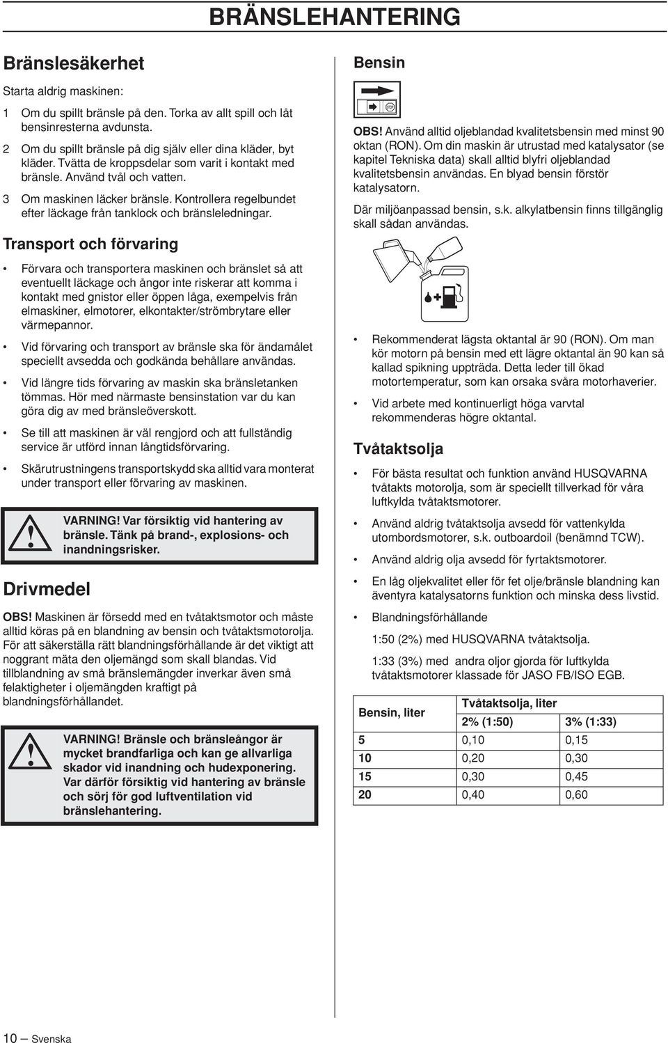 Kontrollera regelbundet efter läckage från tanklock och bränsleledningar.