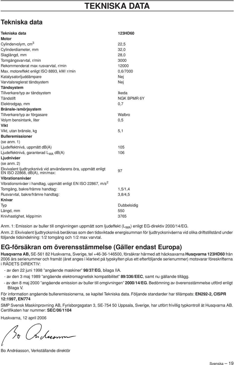 Bränsle-/smörjsystem Tillverkare/typ av förgasare Walbro Volym bensintank, liter 0,5 Vikt Vikt, utan bränsle, kg 5,1 Bulleremissioner (se anm.