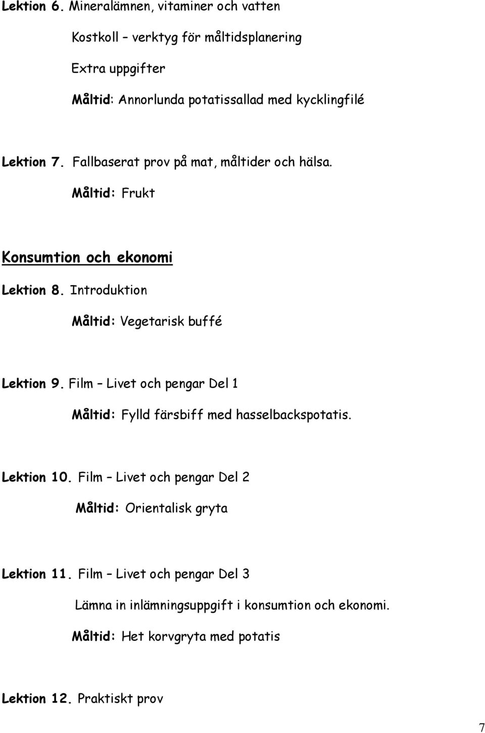 Fallbaserat prov på mat, måltider och hälsa. Måltid: Frukt Konsumtion och ekonomi Lektion 8. Introduktion Måltid: Vegetarisk buffé Lektion 9.