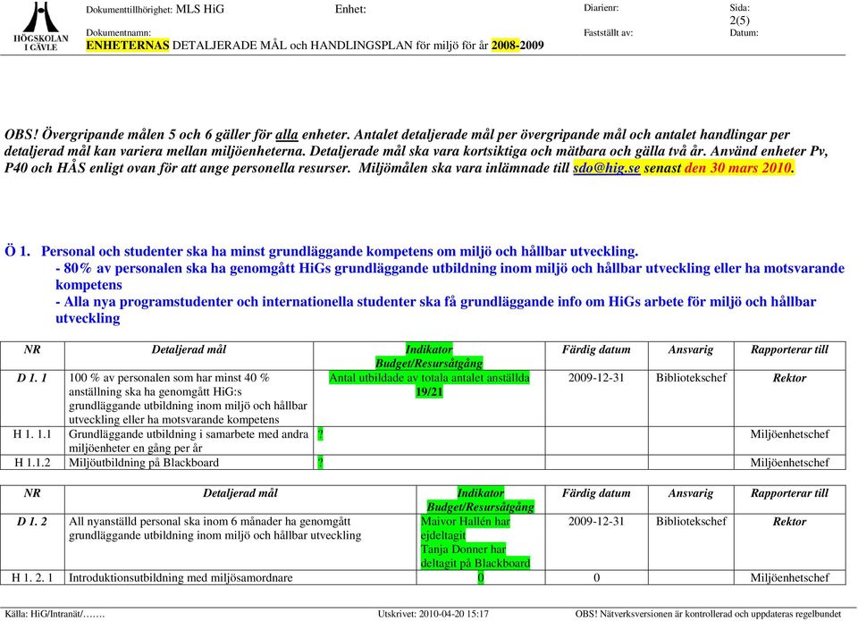 se senast den 30 mars 2010. Ö 1. Personal och studenter ska ha minst grundläggande kompetens om miljö och hållbar utveckling.