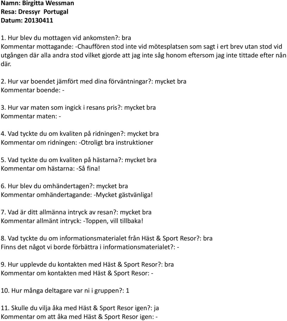 nån där. 2. Hur var boendet jämfört med dina förväntningar?: mycket bra Kommentar boende: - Kommentar maten: - Kommentar om ridningen: -Otroligt bra instruktioner Kommentar om hästarna: -Så fina!