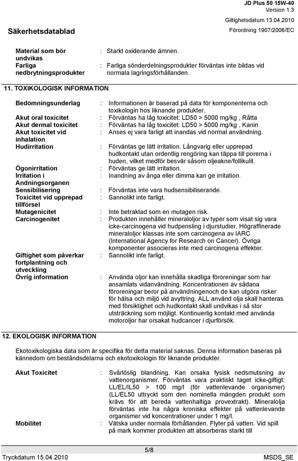 Akut oral toxicitet : Förväntas ha låg toxicitet: LD50 > 5000 mg/kg, Råtta Akut dermal toxicitet : Förväntas ha låg toxicitet: LD50 > 5000 mg/kg, Kanin Akut toxicitet vid : Anses ej vara farligt att