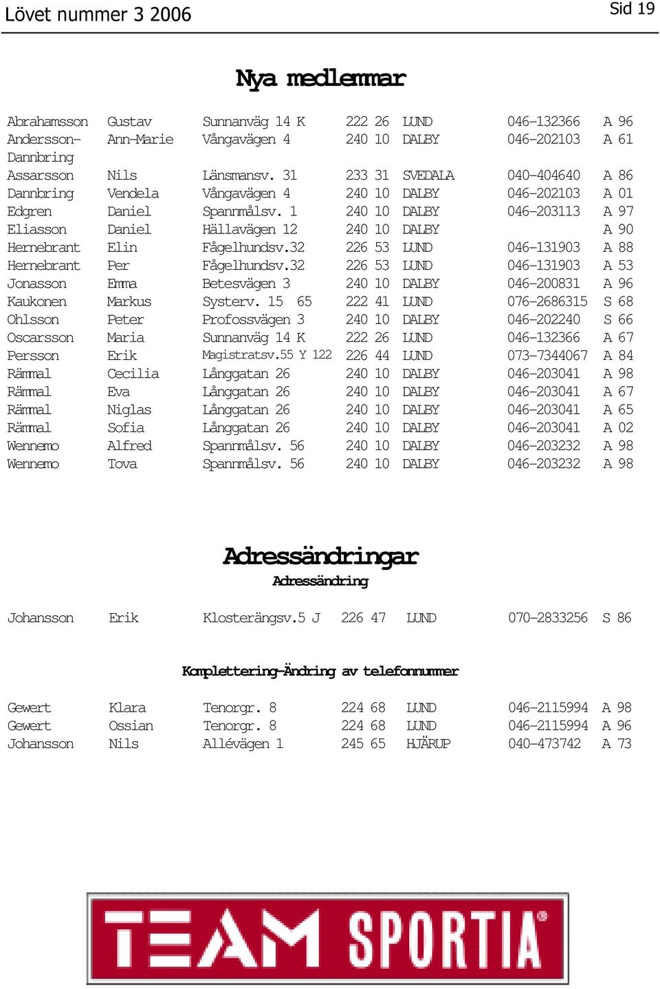 1 240 10 DALBY 046-203113 A 97 Eliasson Daniel Hällavägen 12 240 10 DALBY A 90 Hernebrant Elin Fågelhundsv.32 226 53 LUND 046-131903 A 88 Hernebrant Per Fågelhundsv.