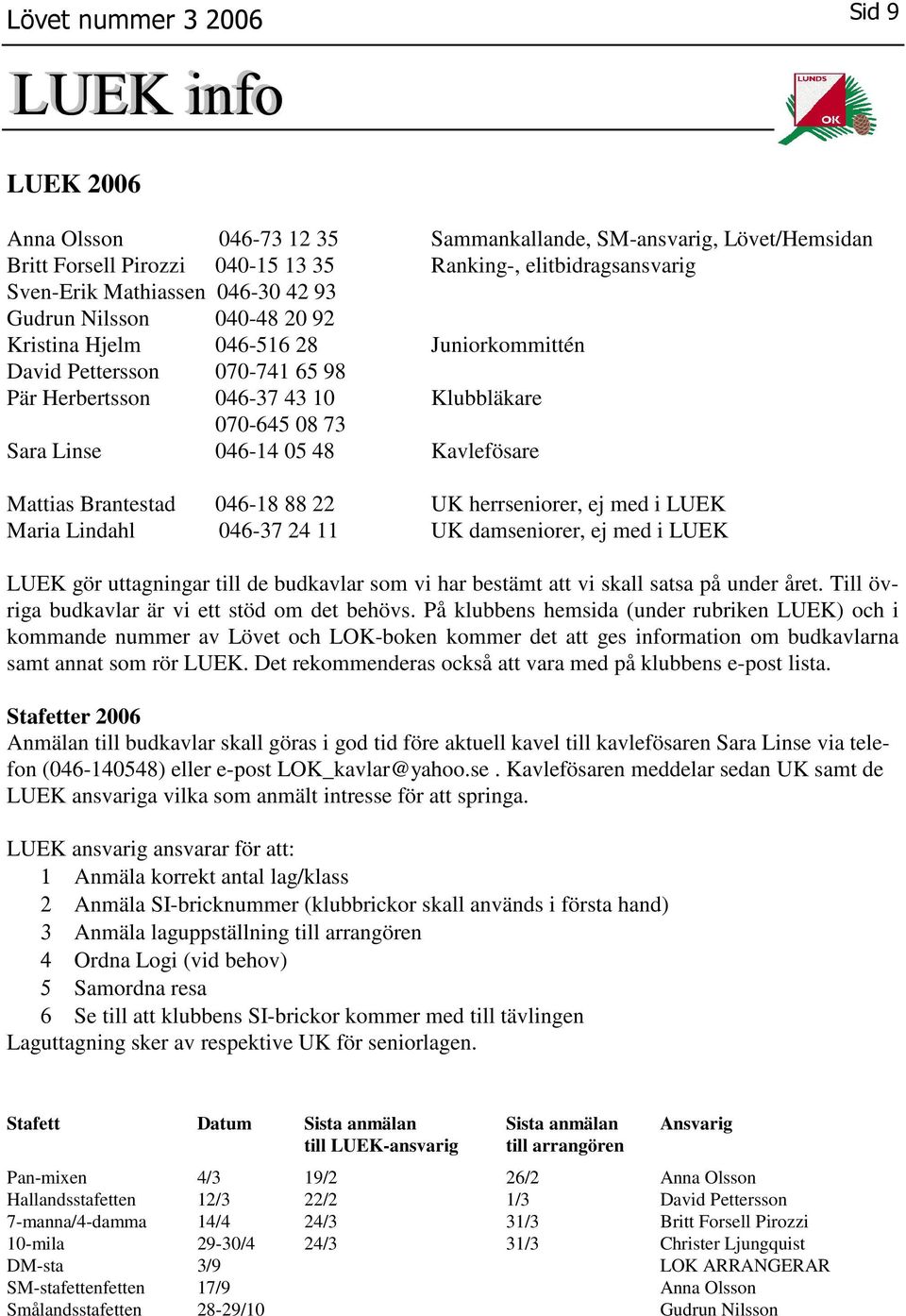 046-18 88 22 UK herrseniorer, ej med i LUEK Maria Lindahl 046-37 24 11 UK damseniorer, ej med i LUEK LUEK gör uttagningar till de budkavlar som vi har bestämt att vi skall satsa på under året.