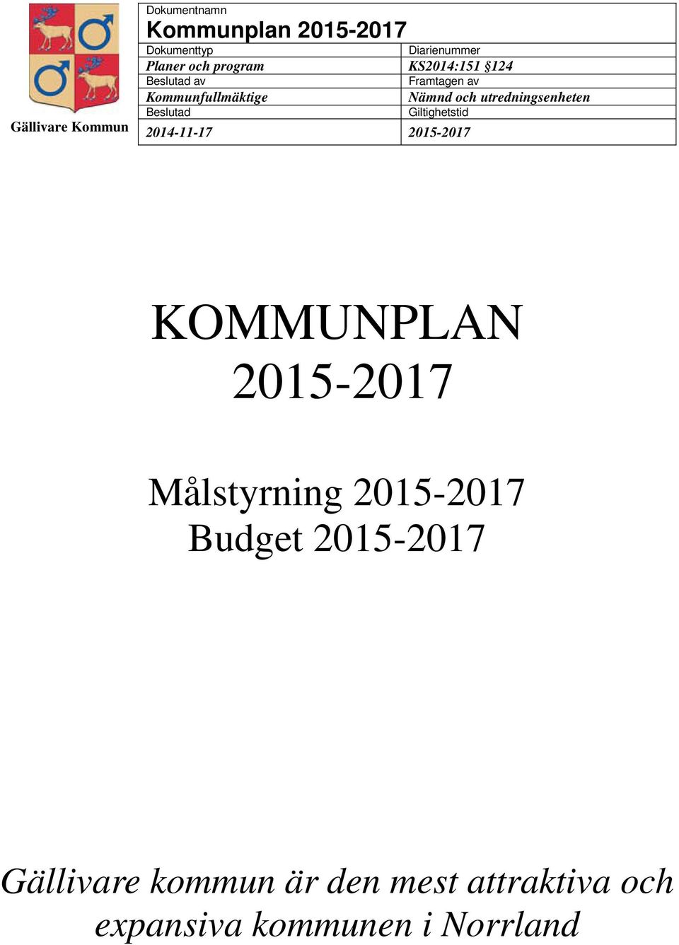 2015-2017 Nämnd och utredningsenheten Giltighetstid KOMMUNPLAN 2015-2017 Målstyrning