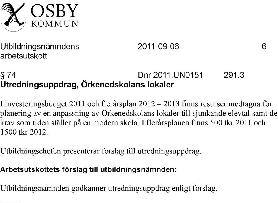 för planering av en anpassning av Örkenedskolans lokaler till sjunkande elevtal samt de krav som tiden ställer på en