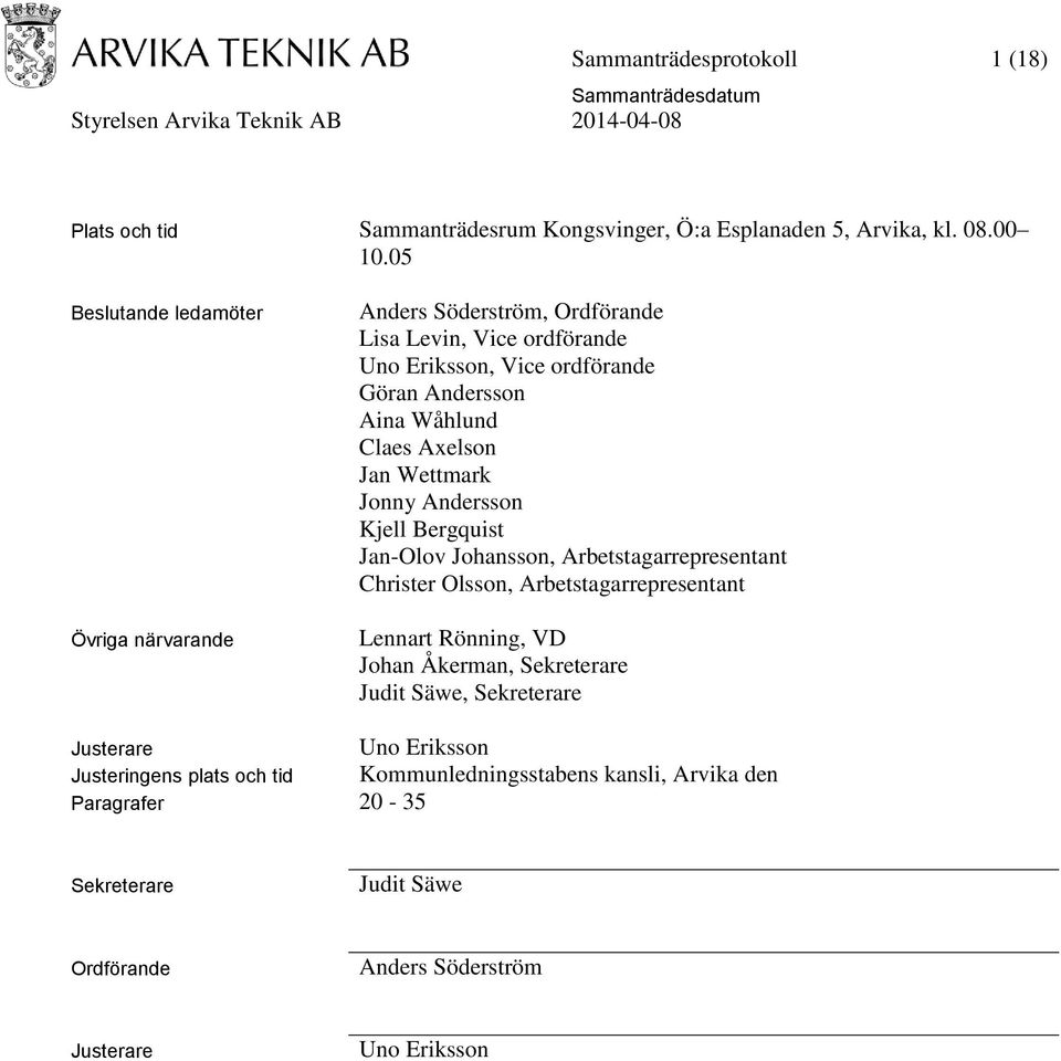 Axelson Jan Wettmark Jonny Andersson Kjell Bergquist Jan-Olov Johansson, Arbetstagarrepresentant Christer Olsson, Arbetstagarrepresentant Lennart Rönning, VD Johan