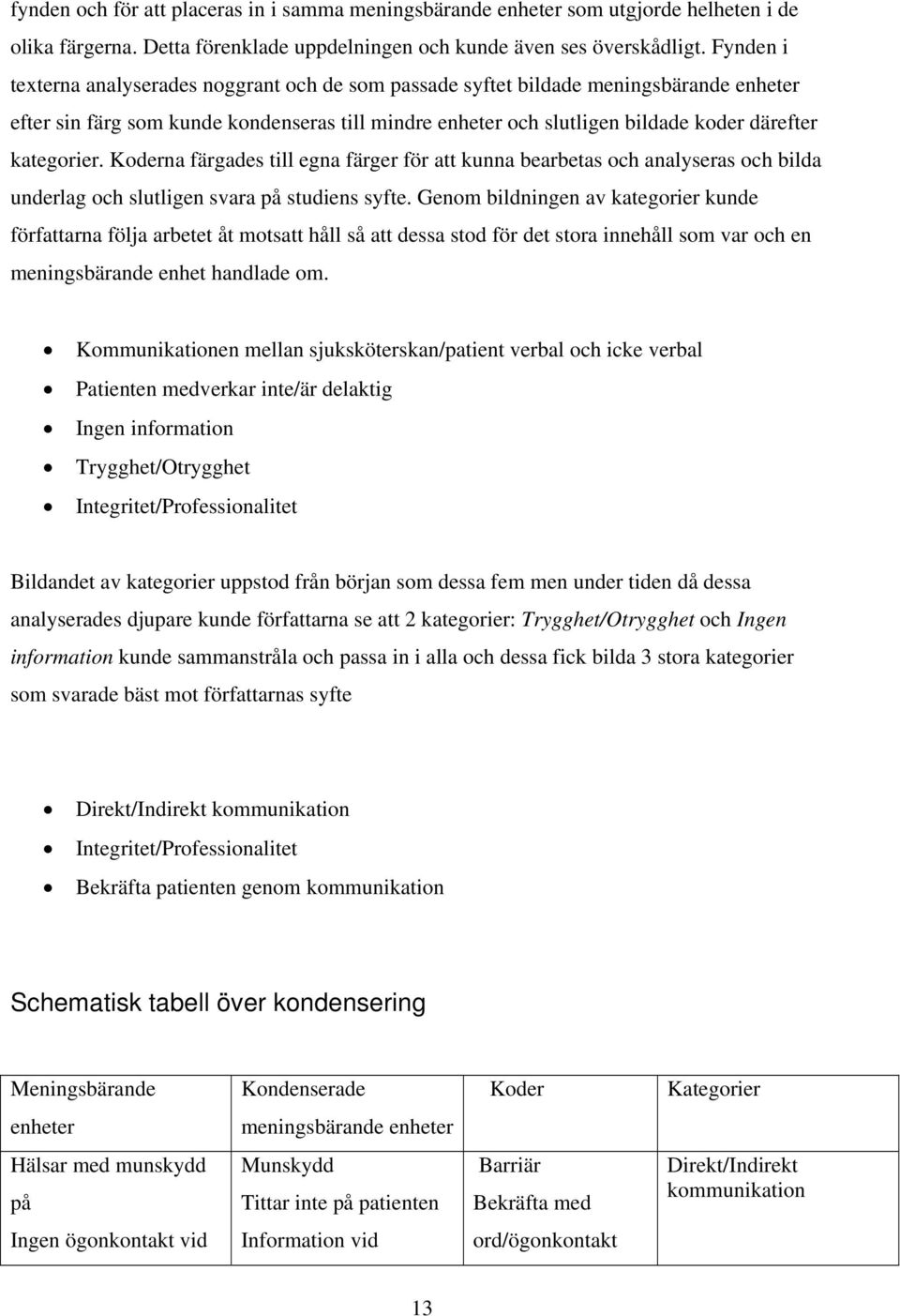 kategorier. Koderna färgades till egna färger för att kunna bearbetas och analyseras och bilda underlag och slutligen svara på studiens syfte.