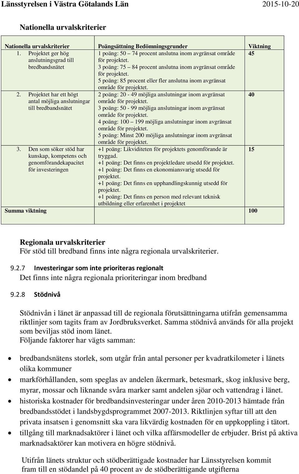 5 poäng: 85 procent eller fler anslutna inom avgränsat 45 2. Projektet har ett högt antal möjliga anslutningar till bredbandsnätet 3.