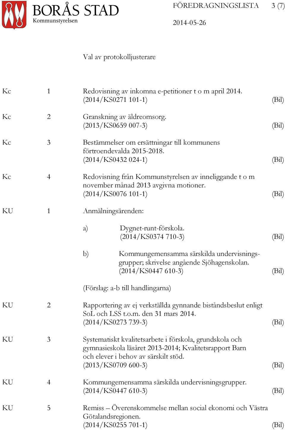 (2014/KS0432 024-1) Kc 4 Redovisning från Kommunstyrelsen av inneliggande t o m november månad 2013 avgivna motioner. (2014/KS0076 101-1) KU 1 Anmälningsärenden: a) Dygnet-runt-förskola.