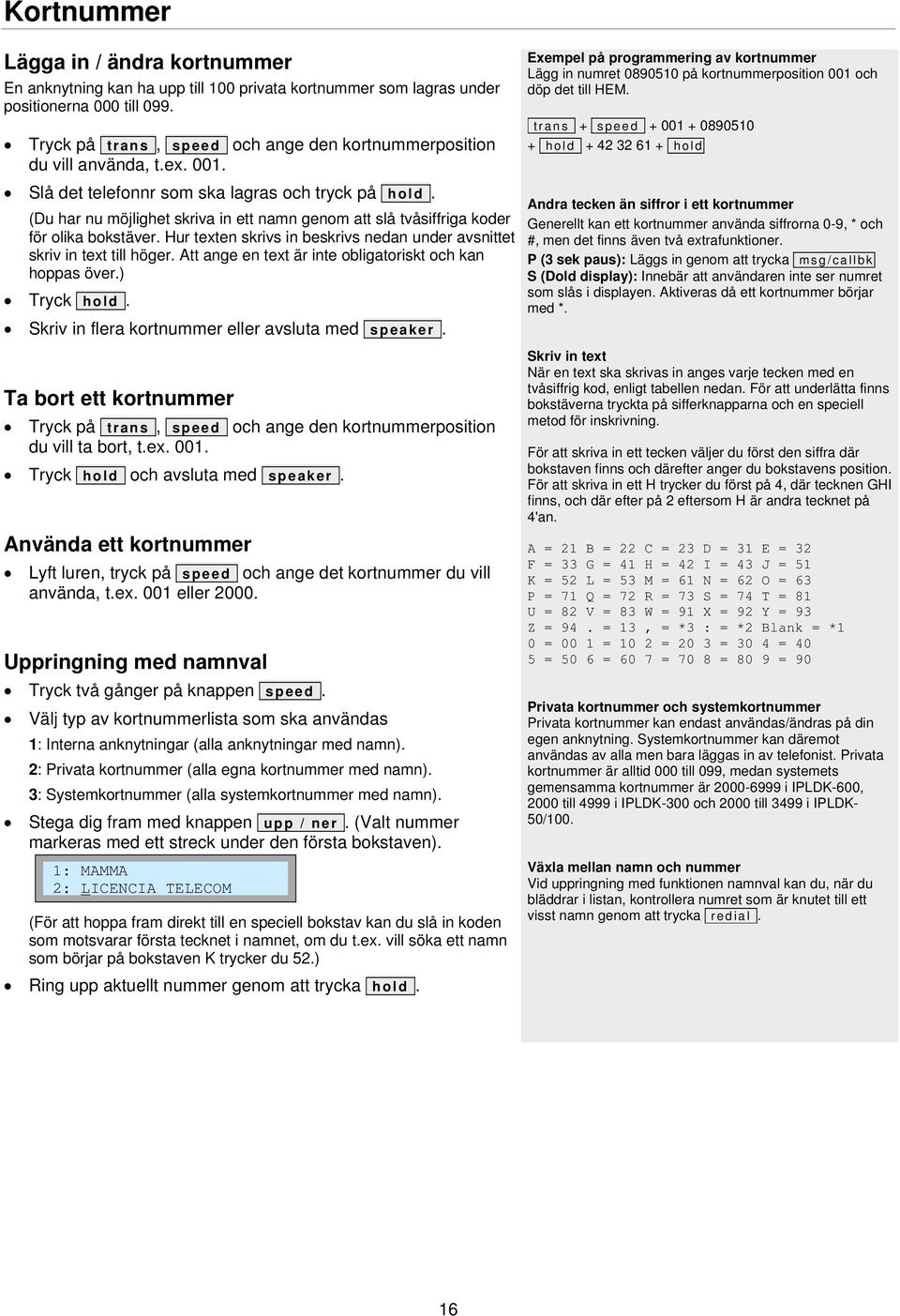 (Du har nu möjlighet skriva in ett namn genom att slå tvåsiffriga koder för olika bokstäver. Hur texten skrivs in beskrivs nedan under avsnittet skriv in text till höger.