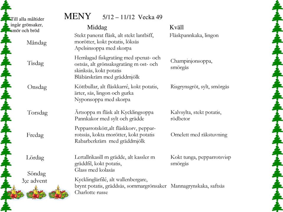 och grädde Pepparrotskött,alt fläskkorv, pepparrotssås, kokta morötter, kokt potatis Rabarberkräm med gräddmjölk Fläskpannkaka, lingon Champinjonsoppa, Risgrynsgröt, sylt, Kalvsylta, stekt potatis,