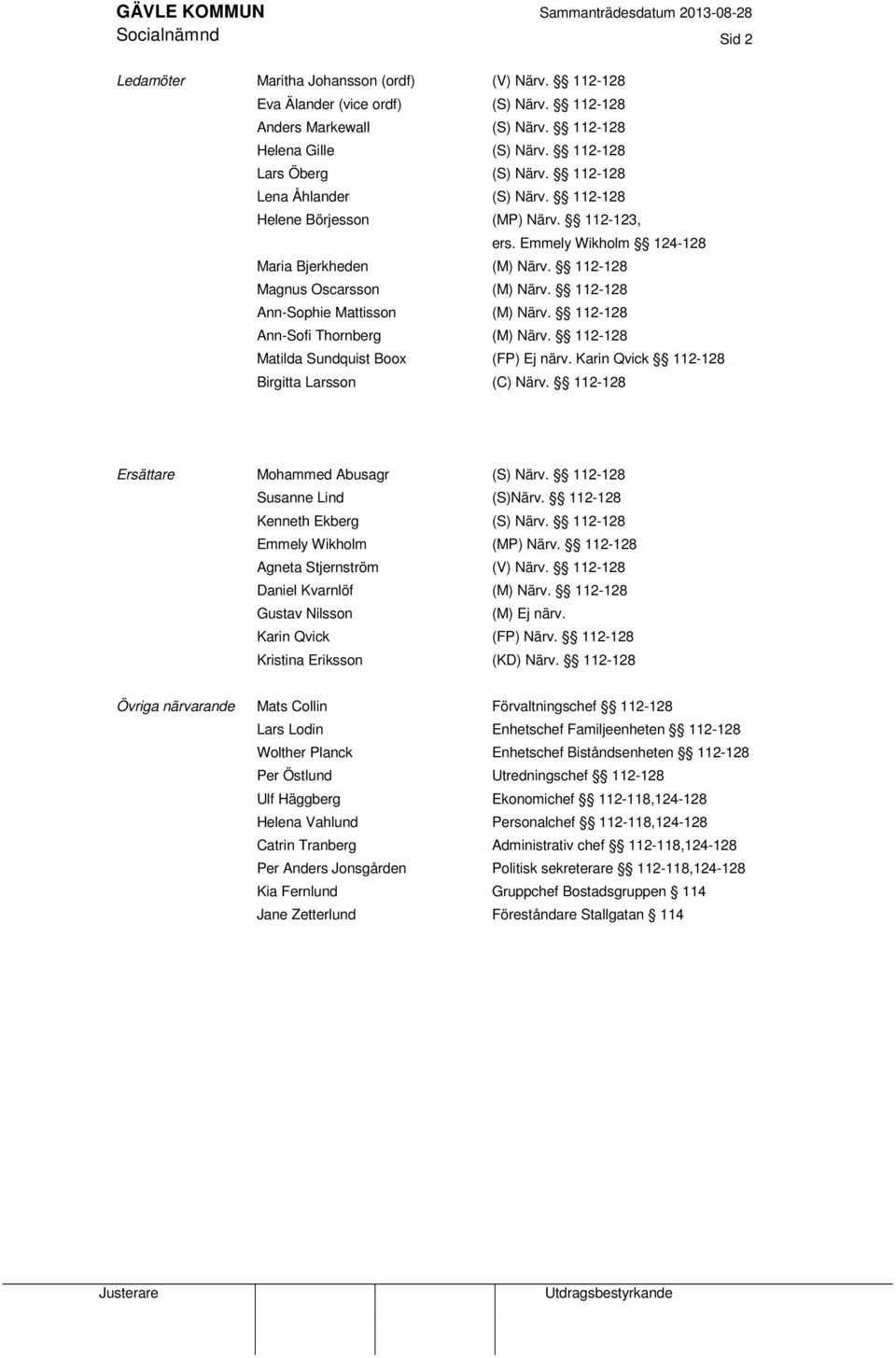 112-123, ers. Emmely Wikholm 124-128 (M) Närv. 112-128 (M) Närv. 112-128 (M) Närv. 112-128 (M) Närv. 112-128 (FP) Ej närv. Karin Qvick 112-128 (C) Närv.