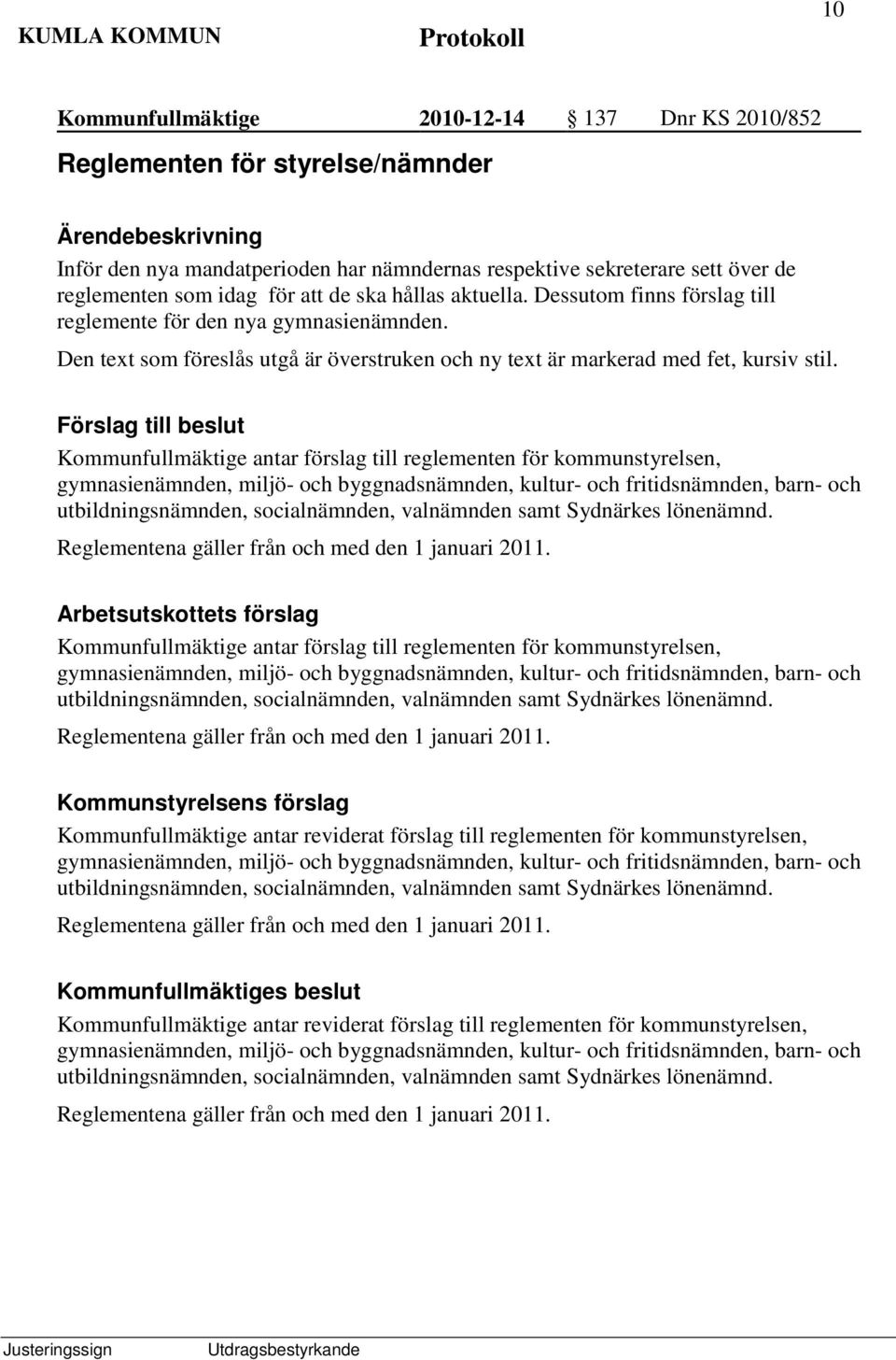 Förslag till beslut Kommunfullmäktige antar förslag till reglementen för kommunstyrelsen, gymnasienämnden, miljö- och byggnadsnämnden, kultur- och fritidsnämnden, barn- och utbildningsnämnden,