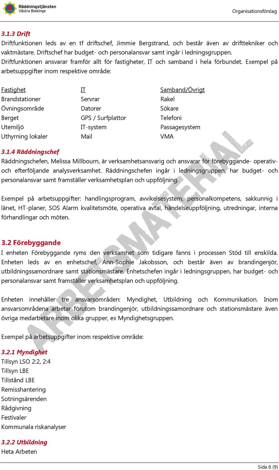Exempel på arbetsuppgifter inom respektive område: Fastighet IT Samband/Övrigt Brandstationer Servrar Rakel Övningsområde Datorer Sökare Berget GPS / Surfplattor Telefoni Utemiljö IT-system