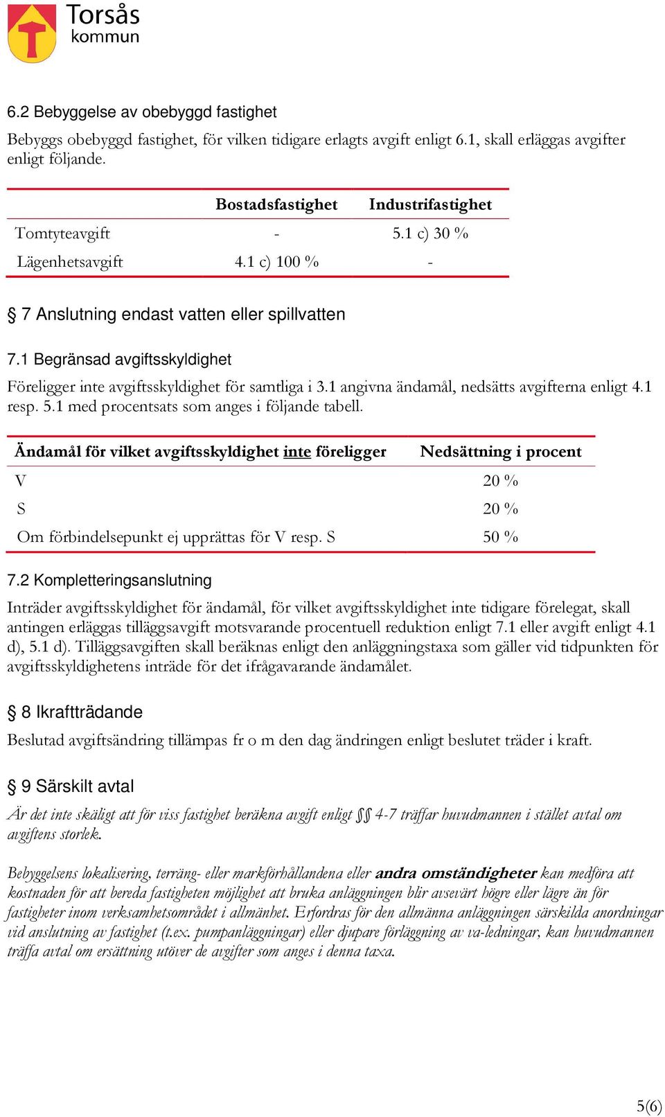 1 Begränsad avgiftsskyldighet Föreligger inte avgiftsskyldighet för samtliga i 3.1 angivna ändamål, nedsätts avgifterna enligt 4.1 resp. 5.1 med procentsats som anges i följande tabell.