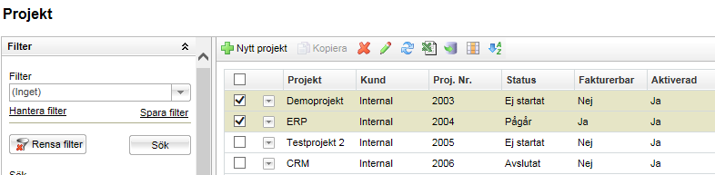 Projekt Ny flikstruktur för projektplaner De projektplanerelaterade flikarna Planering, Aktivitetsdetaljer, Resursallokering samt Budget och kontroll ligger nu som vertikala menyer under den