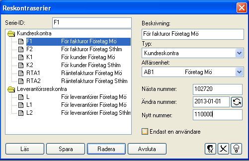 8 Byte av löpnummerserie Löpnummerserierna löper automatiskt vidare på det nya året. Det går att lägga upp en ny serie, om så önskas, under Inställningar Reskontraserier.