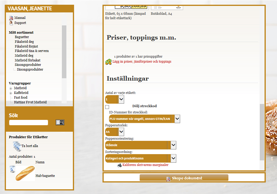 Dokumentmallar/skapa dokument Här finns flera olika mallar att välja på, t ex finns hyllkantsetiketter i tre olika format och scrolla ner så ser du fler funktioner allt från produktfaktablad,