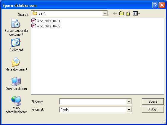 Välj namn på produktions-databas filen. Tidigare sparade databaser visas i fönstret. Klicka på Spara.