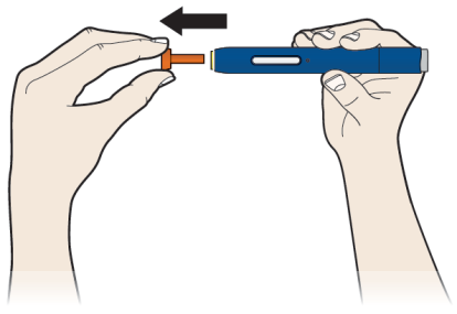 A Steg 2: Gör dig klar Dra den orange hylsan rakt av och först när du är klar att injicera. Lämna inte den orange hylsan avtagen under längre tid än 5 minuter, eftersom läkemedlet då kan torka.