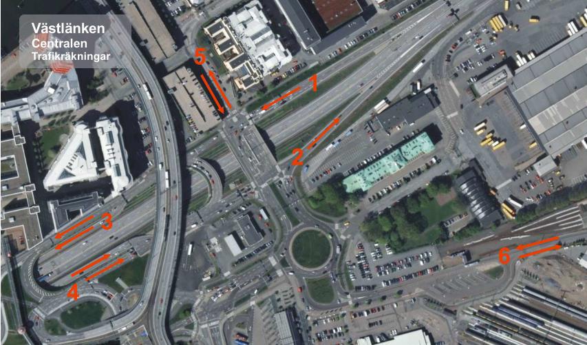 16 Figur 2-21 Anslutning där trafikräkningar genomfördes hösten 2012. @WSP Tabell 2-2 Trafikflöden för norra delen av Centralenområdet.