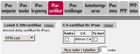 Chapter 4. VPN-uppkopplingar steg för steg IPsec-motparter Gå till sidan IPsec-motparter och ange mellan vilka IP-adresser VPN-tunneln ska upprättas och hur autentiseringen ska gå till.