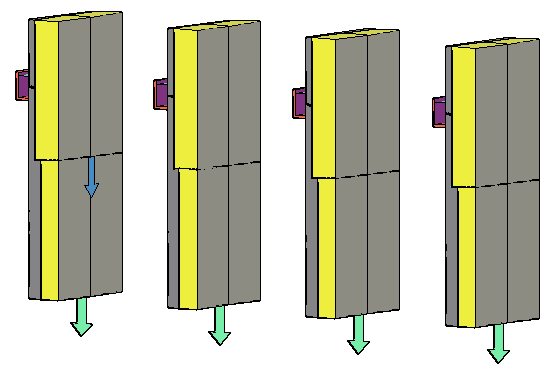 Test 2 Sprickan i putsen sammanfaller med horisontell isoleringsskarv och isolerfäste. Två olika isolerfästen är testade. Fyra provkroppar med isolerfästen från Weber och fyra från Ejot.