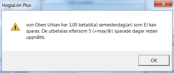 Programmet talar om för dig hur många betalda dagar personen har kvar och hur många som kan sparas. Detta grundar sig på vad du har fyllt i för gränser under menyn Arkiv - Inställningar - Semester.