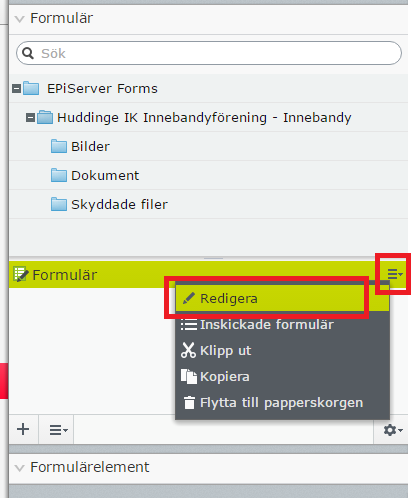 För att ställa in inställningar på formuläret så markera formuläret i trädet i resursfönstret och klicka därefter på de menyknappen för formuläret och klicka sedan