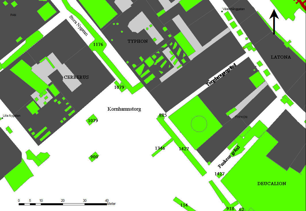 Figur 3. Hanssons karta över stadens stadsmurar samt grändnummer enligt Thome 1626.