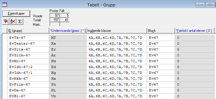 14. Ta fram Tabell Grupp. Klicka på knappen Egenskaper och markera fälten *Undervisande lärare och *Faktiskt antal elever. Tryck OK.