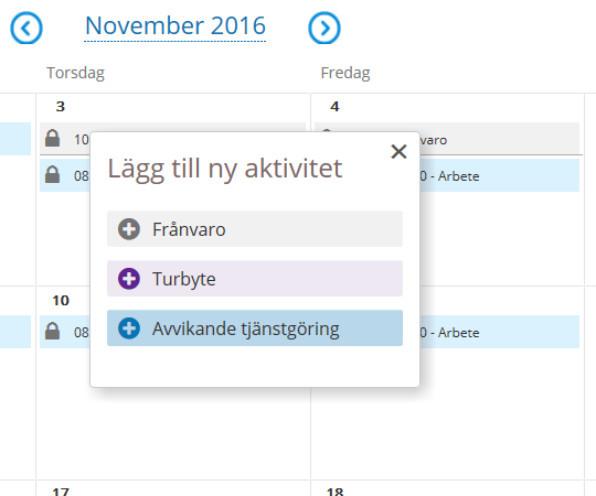 Flexledig heldag Rapportering görs via Kalender i menyraden. Klicka på den dag du vill ansöka om ledighet. Rutan Lägg till ny aktivitet kommer upp. Klicka på Frånvaro.