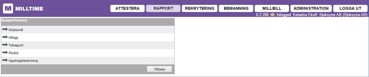 Körjournal, utlägg, tidrapport, flextid och uppdragsbeskrivning.